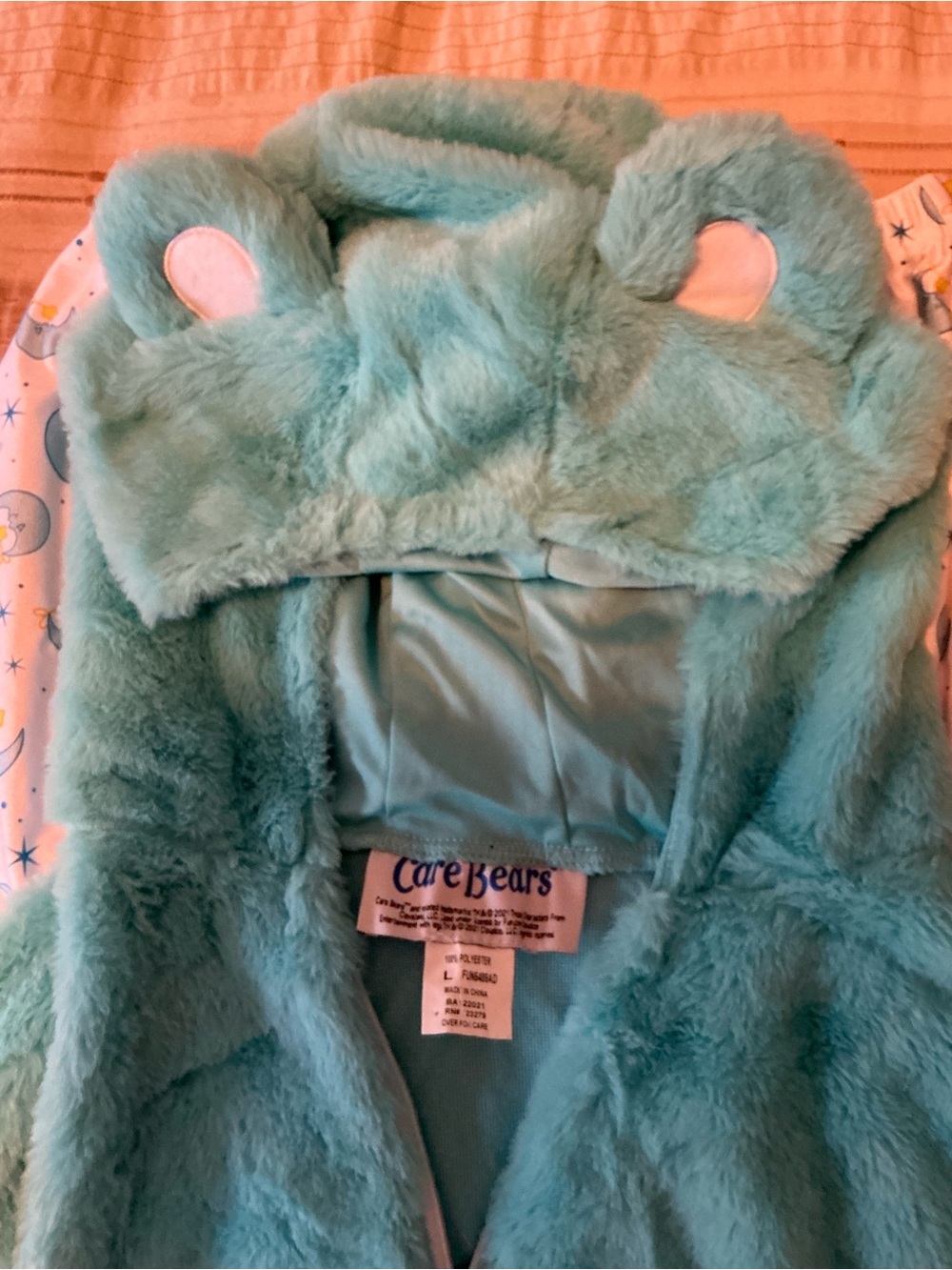 Care Bear Costume. Aqua Plush Hooded Top with Moon Patch - Picture 4 of 4